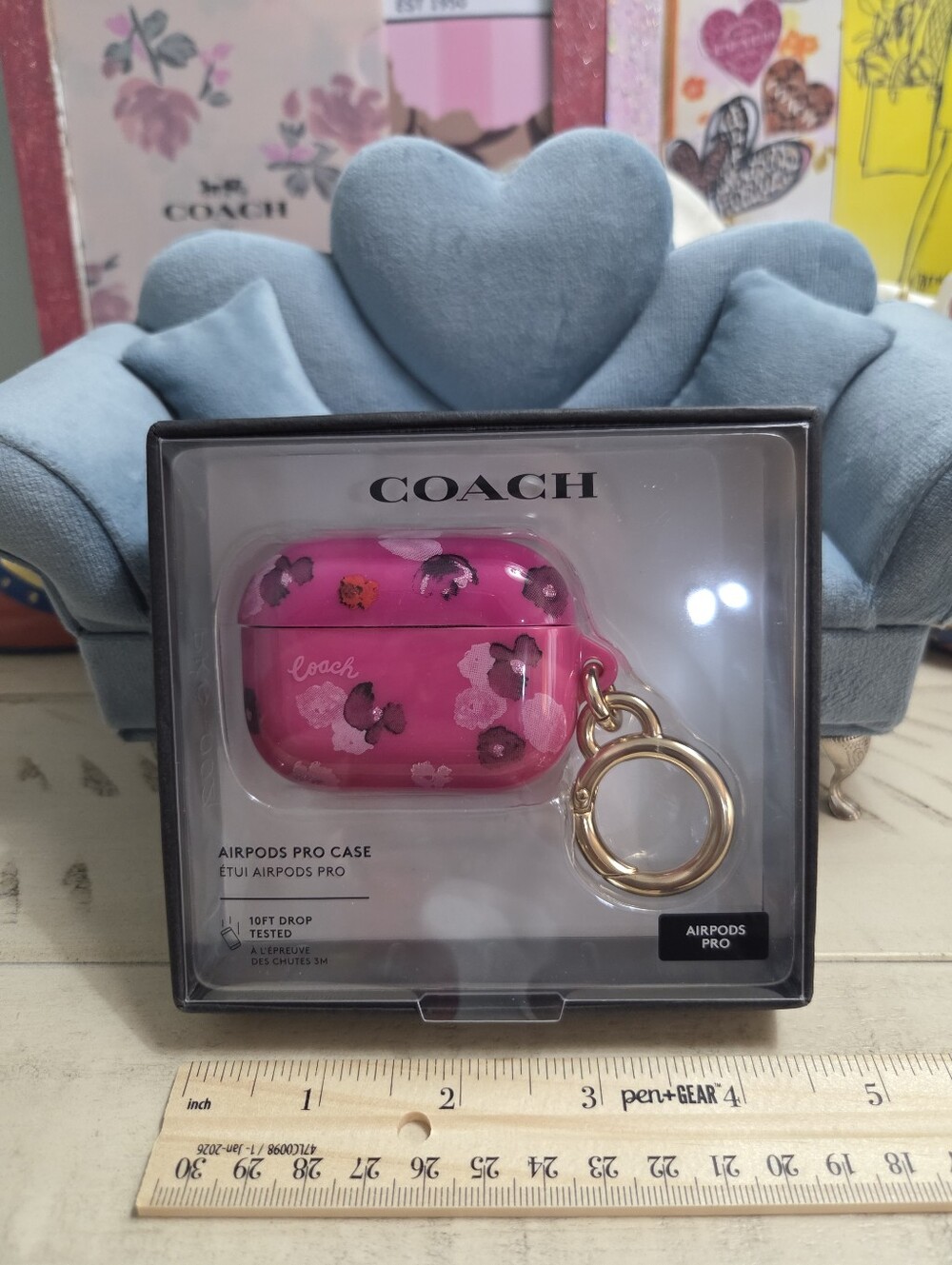 Coach AirPods Pro Case Halftone Floral Pink Keychain NIB